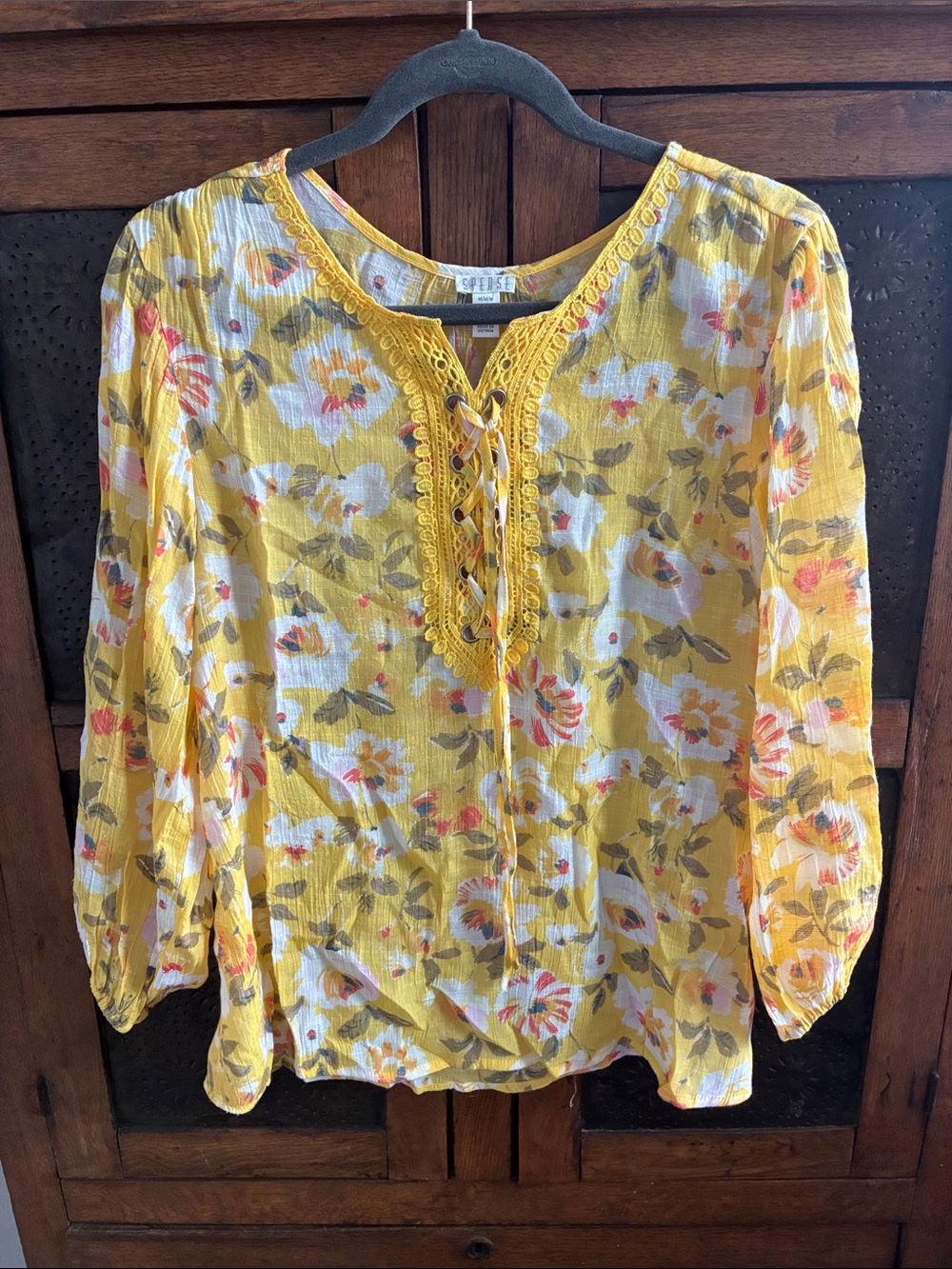 Spense Yellow Floral Lace-Up Peasant Blouse